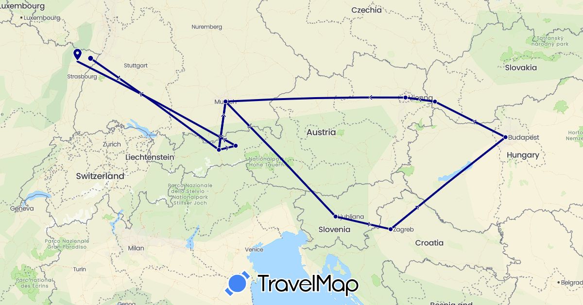 TravelMap itinerary: driving in Austria, Germany, France, Croatia, Hungary, Slovenia, Slovakia (Europe)